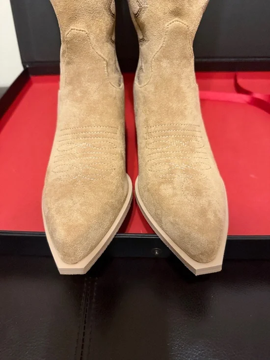 Women's Tan Faux Suede Knee-High Western Heeled Boots - Picture 9 of 9